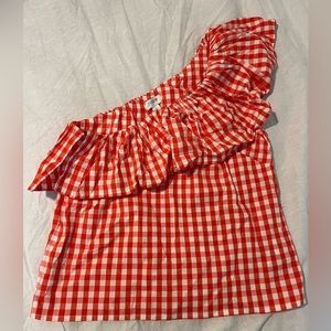 J Crew Cotton Poplin Ruffle One-Shoulder Red and White Gingham Top Size 4